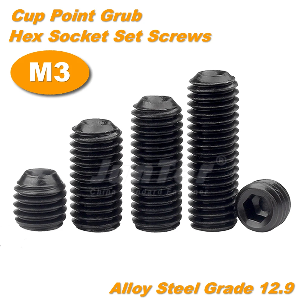 100pcs M3 3mm Hex Grub Screws Socket Set Cap Cup Point Quality 12.9 Alloy Steel 