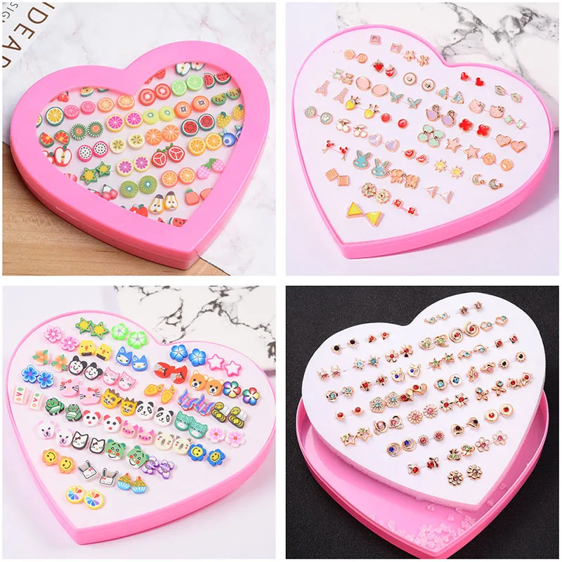 

36Pairs/set Mix Mini Handmade Flower Animals Fruit Clay Stud Earring Sets For Child Women With Heart Box Earrings Sets Jewelry