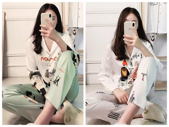 

Summer woman simulation silk Long sleeved cute cartoon Sleepwear Set & Korean version of long-sleeved home pajamas 2 piece set
