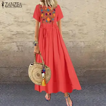

2020 Plus Size ZANZEA Summer Dress Women Casual Solid O Neck Short Sleeve Long Maxi Sundress Female Bohemian Embroidery Vestido