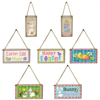 

7Pcs Happy Easter Wooden Hanging Sign Bunny Chicken Egg Print Door Wall Decor