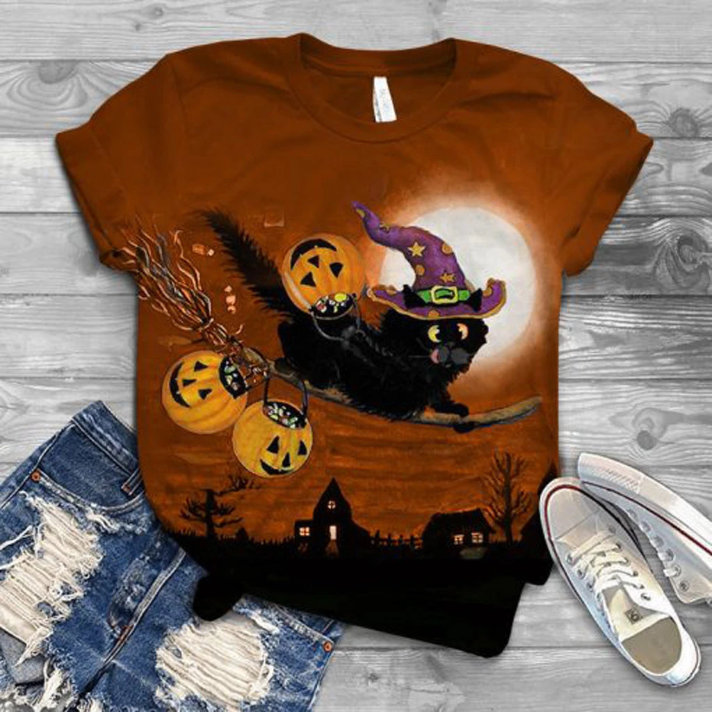 Camiseta con estampado de Halloween Blusa de corta con cuello ropa para mujer, talla grande L x 5, 2020|Blusas y camisas| - AliExpress