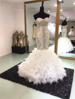 

Luxurious Bling Bling Crystal Beaded Mermaid Wedding Dresses Beading Hand Made Bridal Gowns Women Luxury Tulle Puffy Slim
