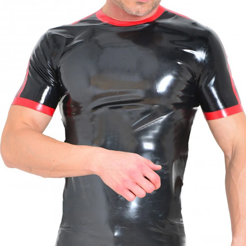 Short Sleeves Latex Man Top T-shirt Black and Red Trims Rubber Tee Shirt  Handmade S-LSM066