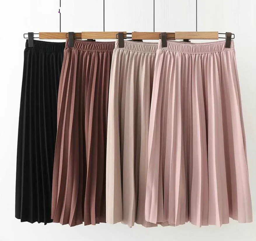 

Women Pleated Skirt New Autumn Winter High Waist Korean Midi Skirt Female Casual Elastic Waist A-Line Long Skirt for Lady