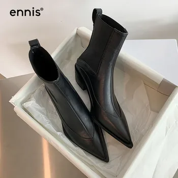 

ENNIS Brand Ankle Boots Square Heel Pointed Toe Leather Female Chelsea Boots Big Size Women Boots Black Brown Shoes Winter A0229