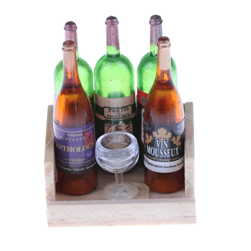 

1Set Miniature Wine Juice Bottles Cup Wood Rack 1:12 Dollhouse Drink Model Kitchen Furniture Toys