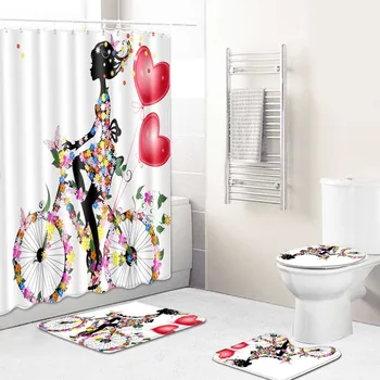

Angel Printed Waterproof Shower Curtain INS Nordic Bath Curtain Bathroom Home Toilet Cover Mat Non Slip Rug Shower Curtains