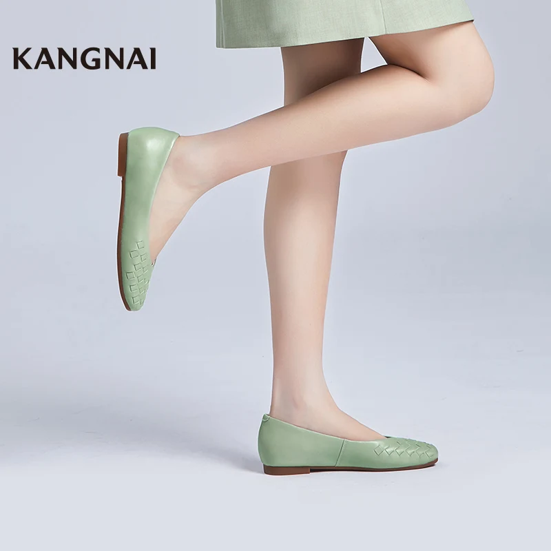 KANGNAI Women Shoes Genuine Leather Fashion Comfortable Square Toe Shallow Flats