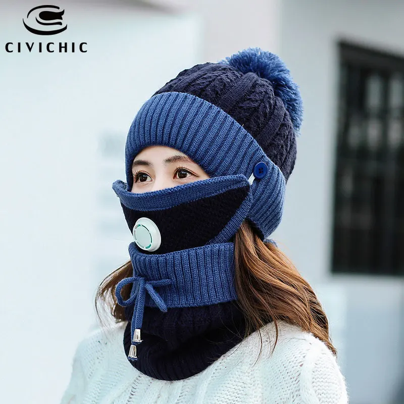 CIVICHIC,, модная женская зимняя вязаная шапка, шарф, маска, комплект из 3 предметов, толстые помпоны, шапочки, теплый костюм, Теплая Флисовая шапка, SH123