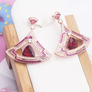 

New fashion big Sapphire color or ruby Color cubic zircon stone Geometric dangle earrings for ladies party