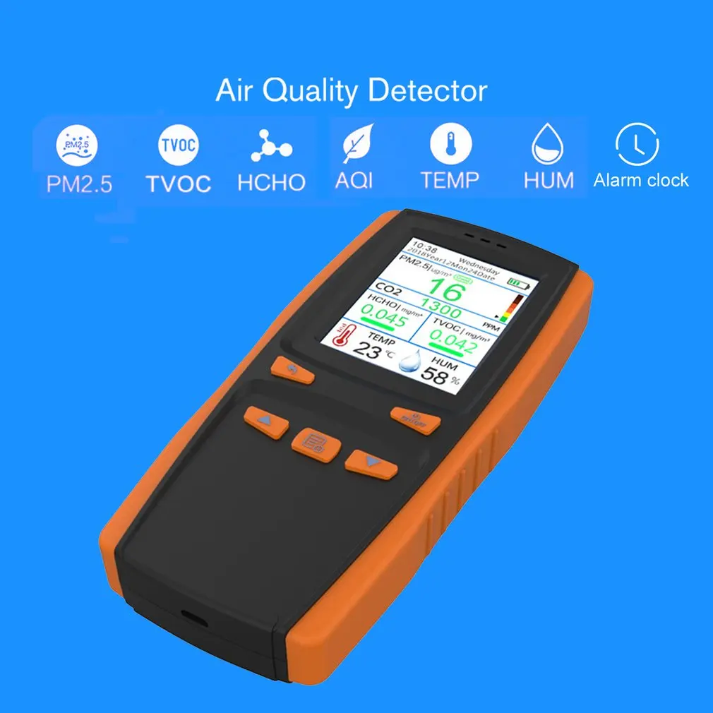 PM2.5/CO2/TVOC/тестер формальдегида AQI анализатор качества воздуха детектор Контроль температуры и влажности домашний счетчик смога