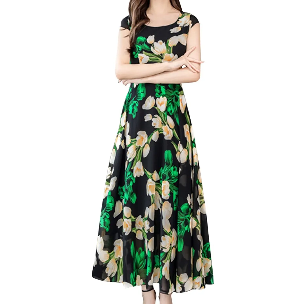 Летнее женское платье винтажное модное сексуальное богемное цветочное элегантное с круглым вырезом с коротким рукавом женское свободное платье с принтом элегантное - Цвет: Зеленый