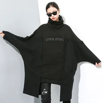

LANMREM 2020 Winter New Stitching Plus Velvet High Collar Letter Sweatshirt Personality Large Size Irregular Sweatshirt 19B-a326