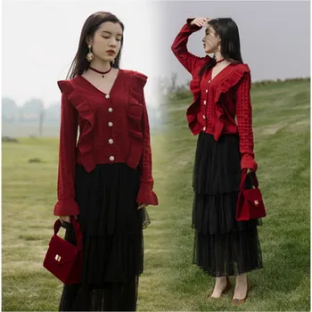 

spring Elegant Autumn Women Red Ruffles Beading Button Knitted Cardigan Two Piece Set And Long Mesh Black Cake Party Skirt Set