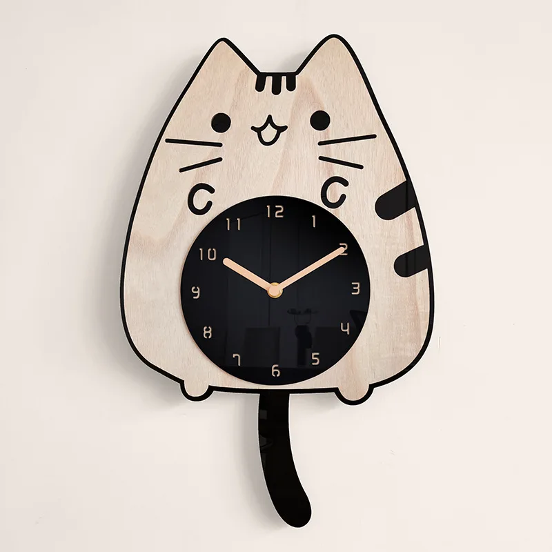 Wooden Cartoon Wall Clocks Baby girls Children's Room home Decoration Cat Wagging Tail Design Creative Silent Swinging Clock | Дом и сад
