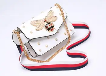 

PinShang Two-ways Wearing Lady Small Square Shoulder Bag Pearl Bead Bee Cross-body Woman Handbag