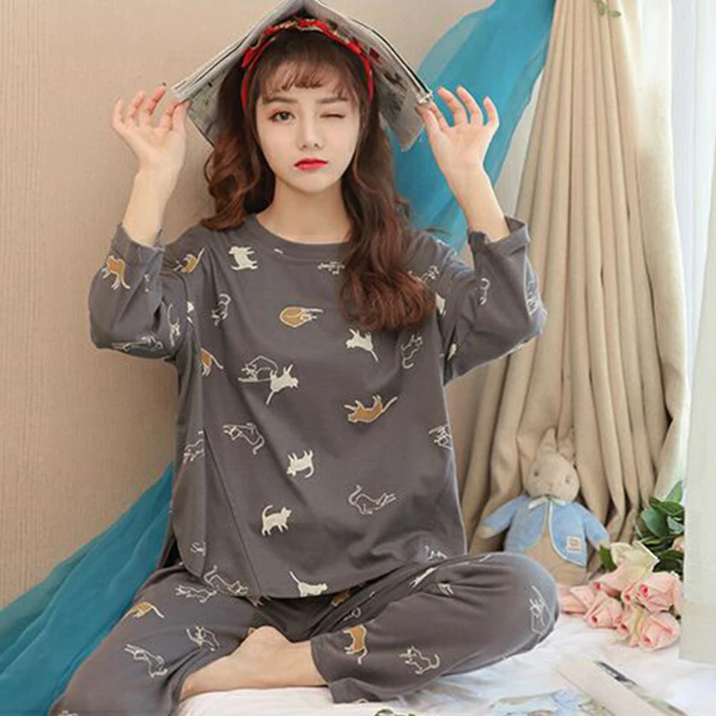 

Spring and Autumn Pajama set Loose Cute Burst Tricolor Cat Long Sleeve Pijamas Set