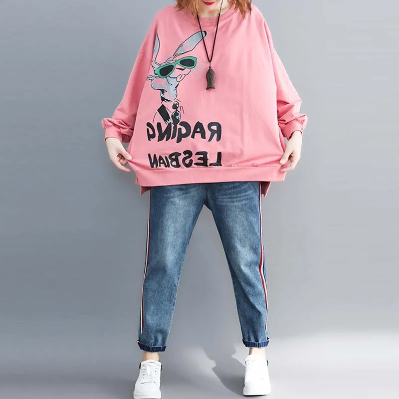 Большой размер d Harajuku Kawaii мультфильм печатных письмо толстовка женская толстовка плюс размер осень мода новые свободные толстовки 5XL