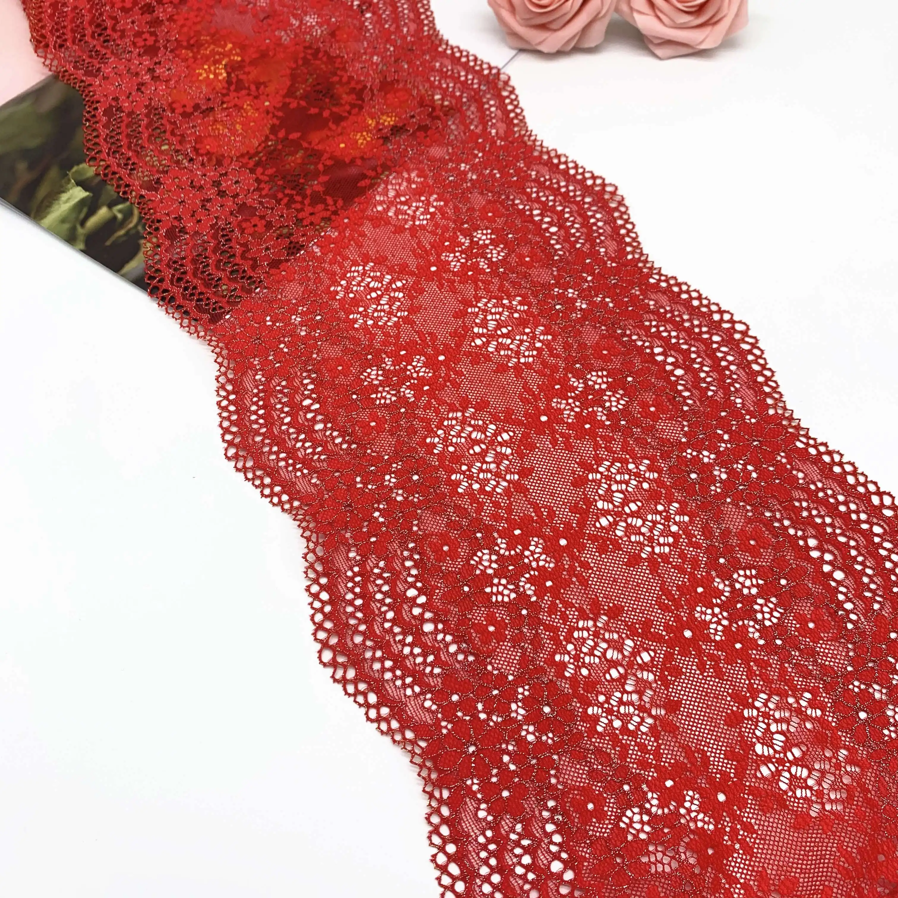 3y/lot Width 7 7/ 8 inch 20cm Red With Gold Stretch Lace Trim For Clothing Accessory Dress Sewing Applique Costume Lace Fabrics 1
