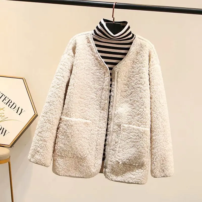 

Sweet Winter New Installation Korean-style Casual Solid Color Loose-Fit Lambs Wool One-piece Velvet Warm Cotton Coat