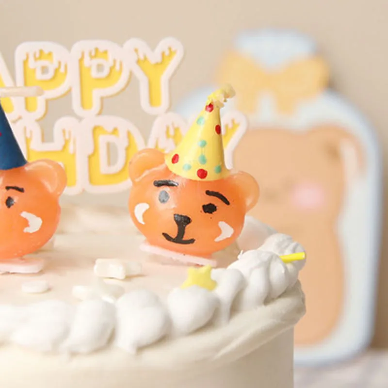 귀여운 레트로 곰 머리 케이크 장 다채로운 모자, 작은 곰 플러그인 어린이 베이킹 크리에이티브 생일 파티 생일 양초