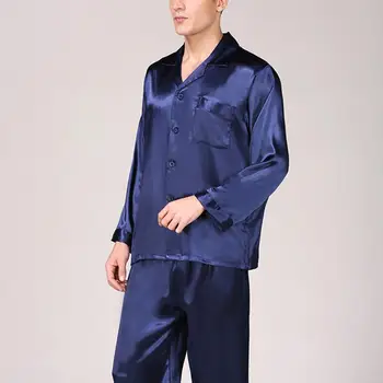 

Men Summer Imitation Silk Pajama Set Shirt Pants Home Gown Sleepwear Nightwear