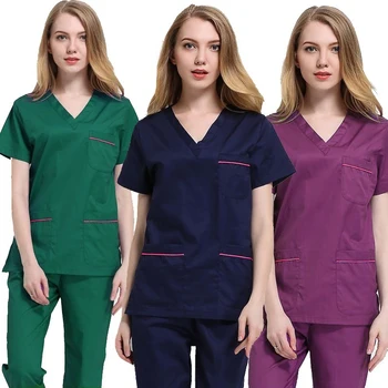 

Women's Fashion Scrub SET Color Blocking Design V Neck Shirt with Side Vent + Pants Cotton Polyester Twill