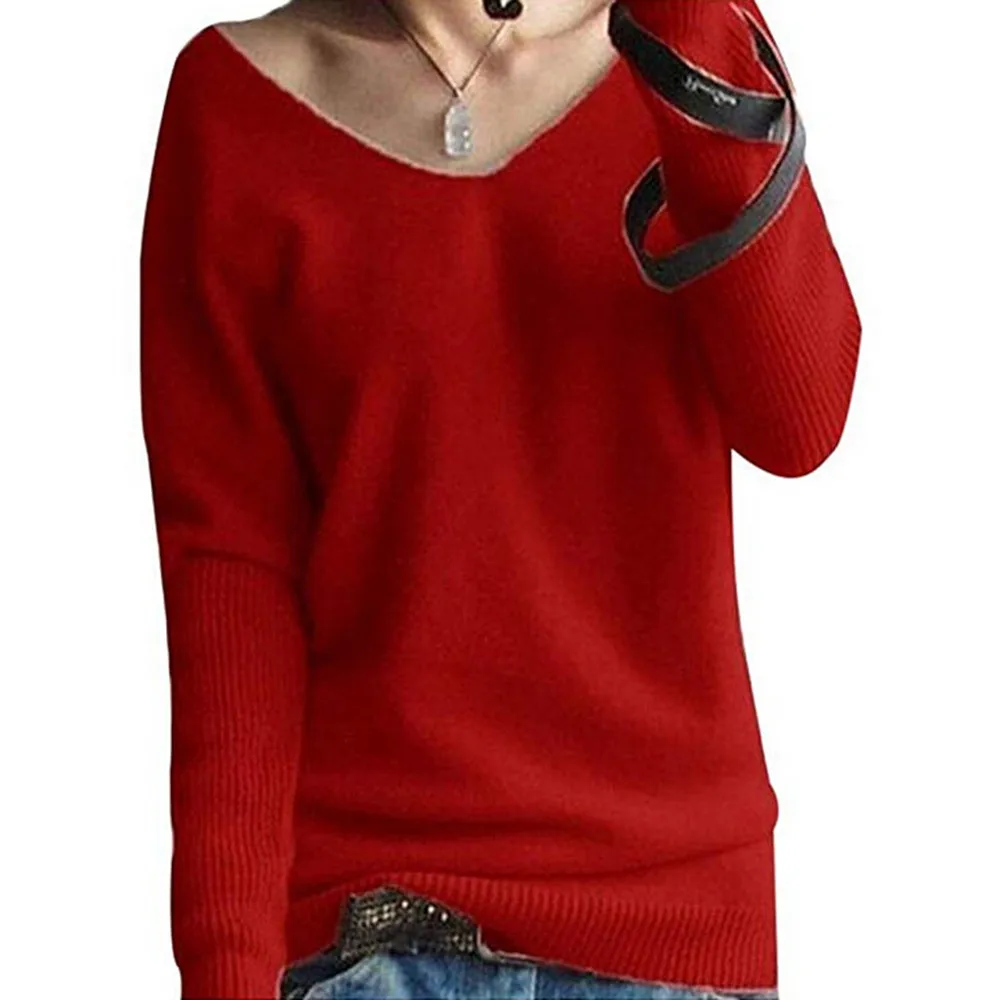 Весенне-осенние кашемировые свитера для женщин, модный сексуальный свитер с v-образным вырезом, свободный свитер из шерсти, рукав летучая мышь, пуловер размера плюс - Цвет: Красный