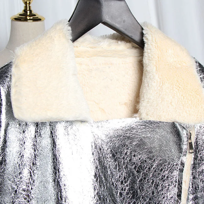 [EAM] Свободная утепленная куртка из искусственной кожи и овечьей шерсти большого размера, новинка, Женское пальто с отворотом и длинным рукавом, модное осенне-зимнее JK44