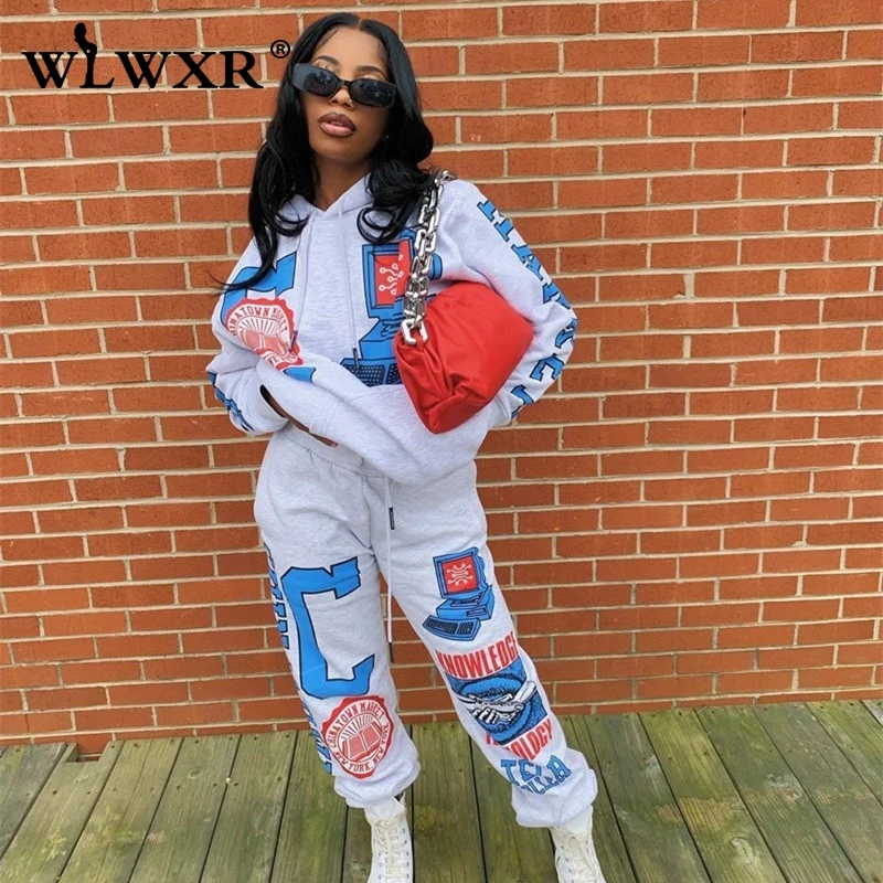 Wlwxr Tracksuit Letter Graphic Print Loose Long Sleeve Hoodie Women