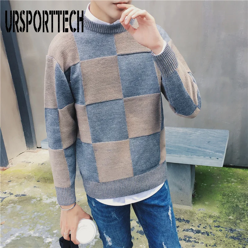 

New Brand Autumn Winter Patchwork Sweaters Men Casual Loose Big Plaid Pullover Sweater Handsome Teen Stitching Jumper Plus Size