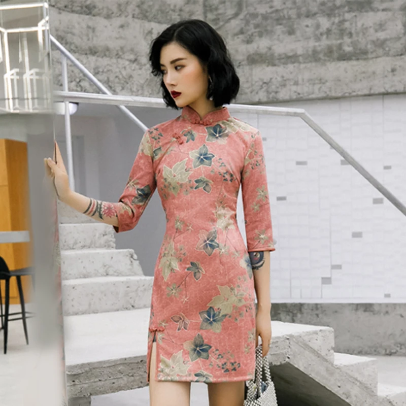 Сексуальное женское Короткое платье Cheongsam с цветочным принтом, весеннее винтажное Замшевое платье в китайском стиле, Qipao, женское тонкое вечернее платье на пуговицах, Vestido S-XXL - Цвет: 1103