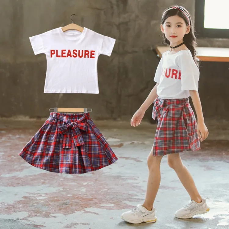 

Kids Clothes Girls Summer Print Letter Short Sleeve T-shirt Plaid Short Skirt Two-piece Set Kids Boutique Clothing Wholesale