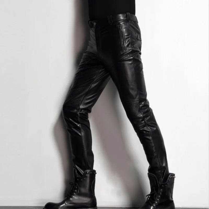 Роскошные мужские натуральная яловая кожа брюки мотоциклетная ветрозащитная куртка качественные кожаные брюки облегающие длинные штаны прямые брюки 36