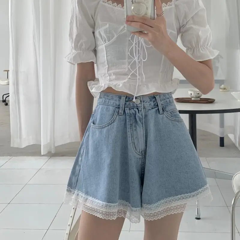 Women Summer Kawaii Sexy Blue Shorts 2021 Cute Girls Fashion All-Match Casual Solid Color Denim Lace Shorts yoga shorts