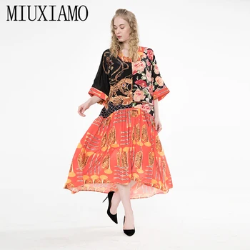 

MIUXIMAO 2020 Spring 3/4 Sleeve Dress Fashion Runway Floral Print Vintage V-neck Elegant Long Dress Women vestidos With Belt