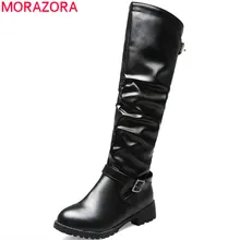 MORAZORA/ г. Новинка, женские сапоги до колена осенние сапоги для верховой езды на молнии с пряжкой удобная обувь на низком каблуке Женская обувь, большой размер 46