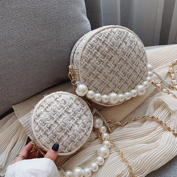 

Elegant Female Round Pearl Tote Bag 2019 Fashion New High Quality Woolen Women's Designer Handbag Chain Shoulder Messenger bag