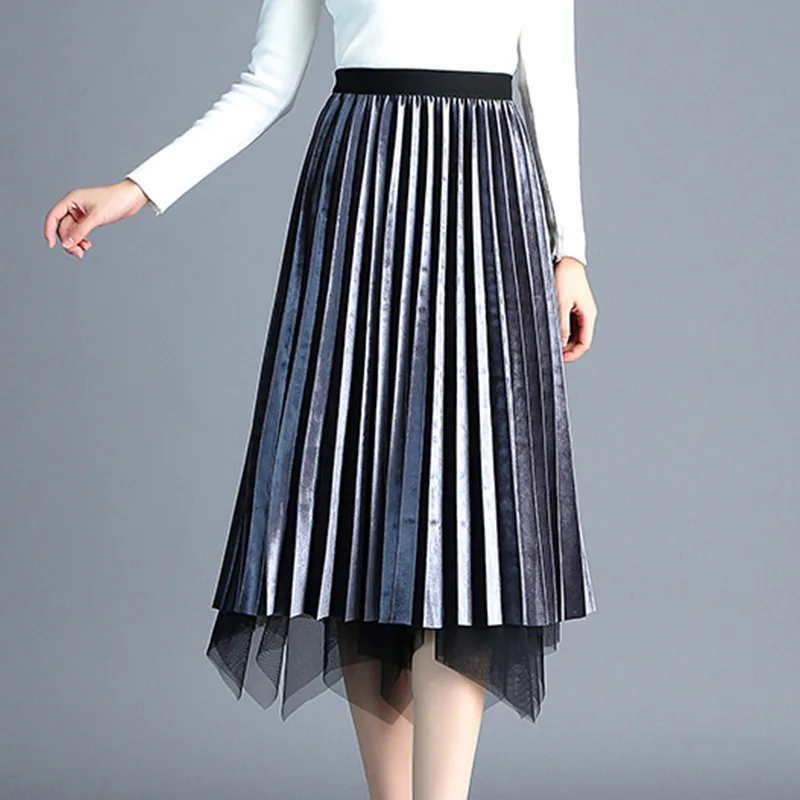 JORSEA/шелковая сетчатая юбка с высокой талией для женщин, Золотая Бархатная юбка до середины икры, Высококачественная трапециевидная плиссированная юбка, женская одежда, любой способ