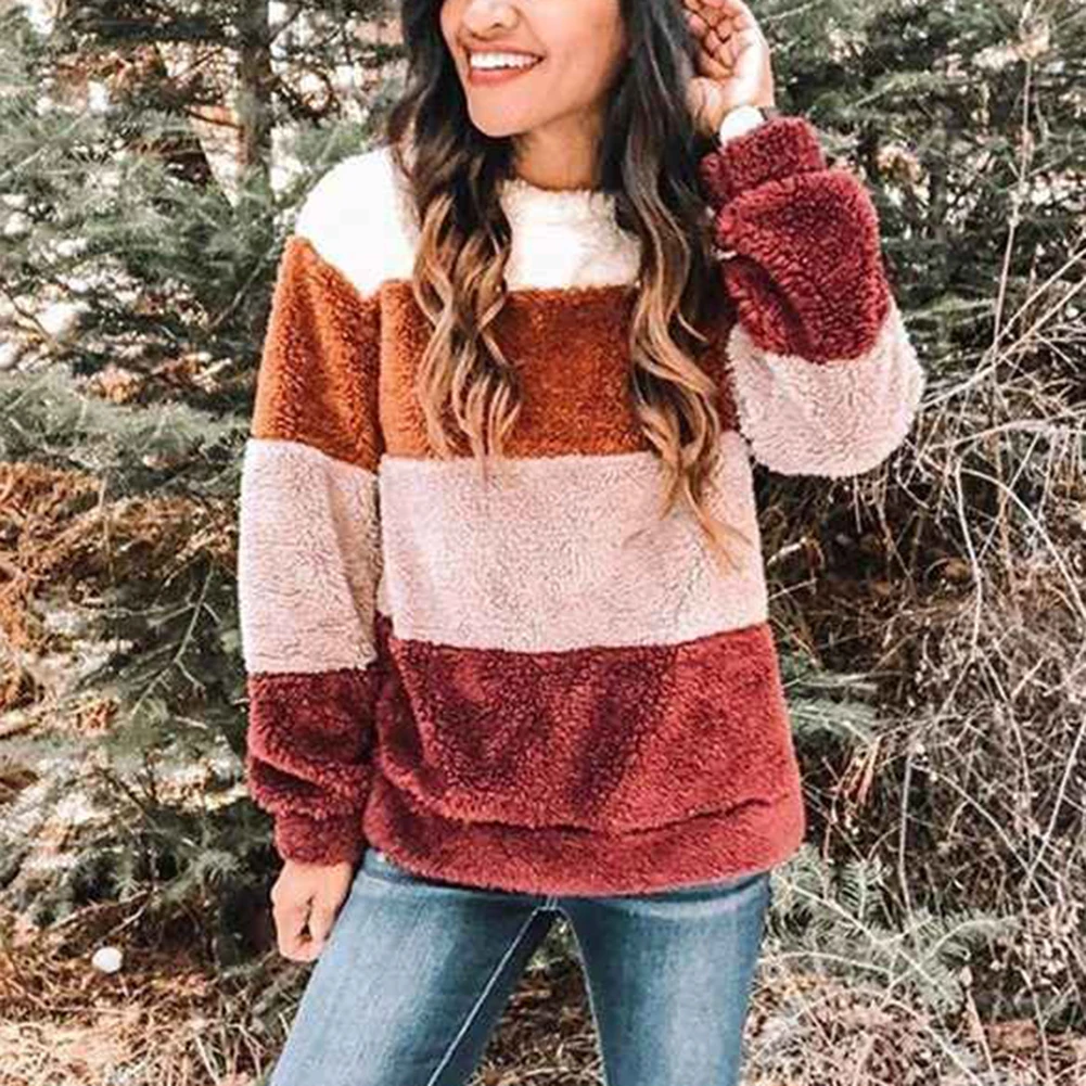 Women Sweater 2019 Winter Long Sleeve Crewneck Knitted Pullover Sweater Vintage Splice Casual Fall Womens Sweaters PulloversTops