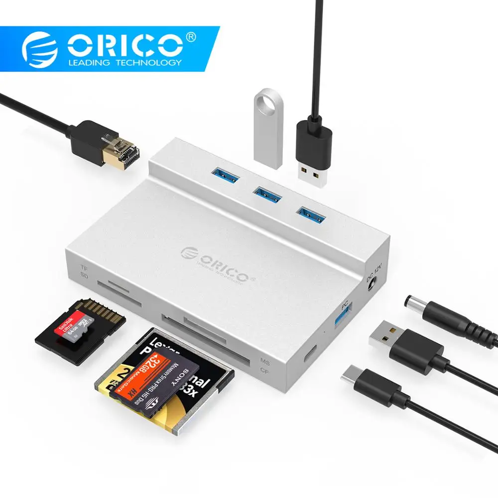 ORICO USB 3,0 концентратор к мульти USB3.0 RJ45 карты памяти SD/TF MS/CF Тип C разделительная карта считывания док-станция с Мощность адаптер для компьютера аксессуары