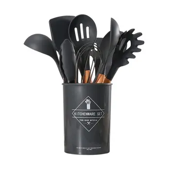 

11 Pcs Heat Resistant Silicone Cookware Set Nonstick Cooking Tools Kitchen Baking Tool Kit Wood Handle With Big Barrel