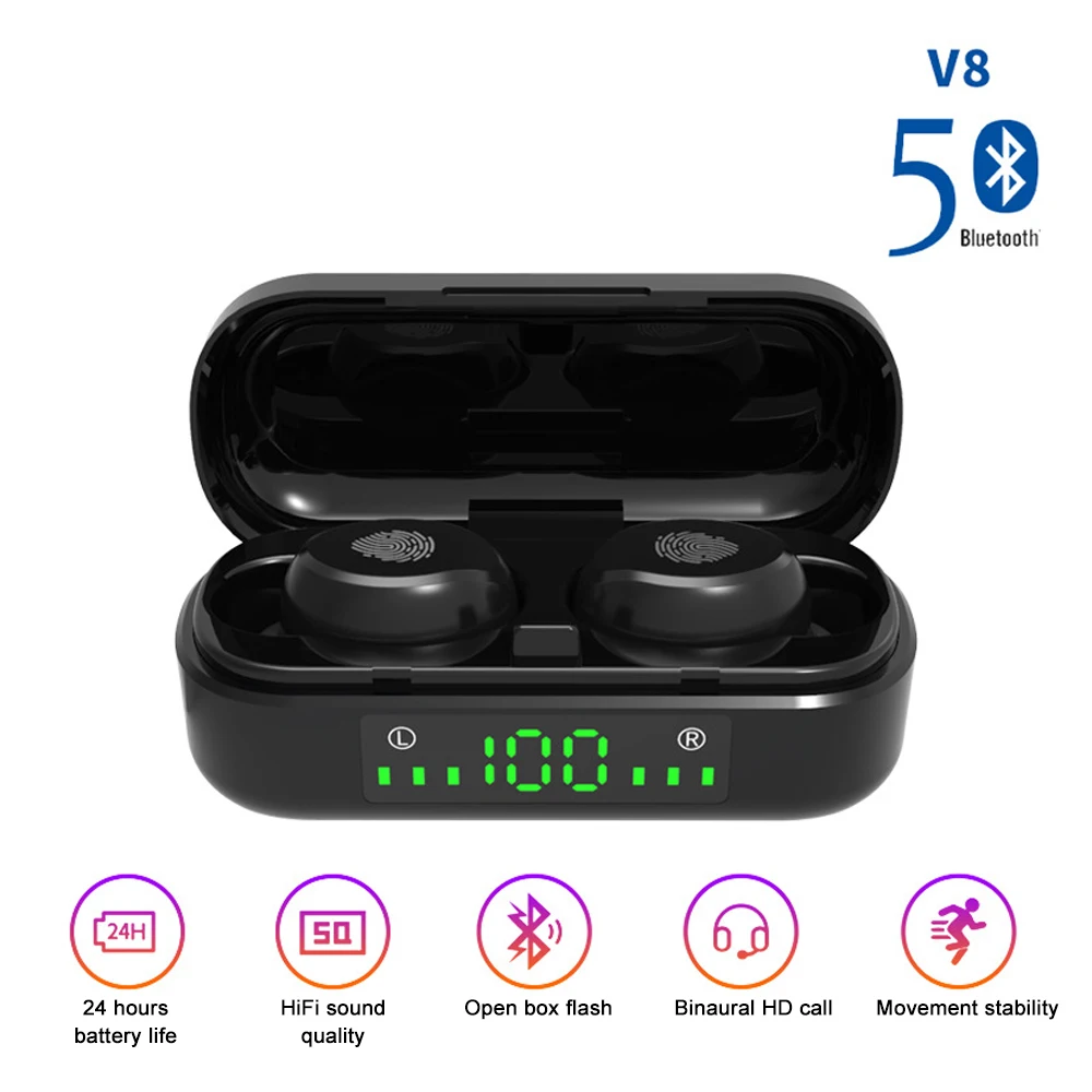 

BT5.0 Bluetooth Wireless Earphones with Charging Box Stereo Music In-ear Earbuds SZBQC V8 Binaural LED Display Headset