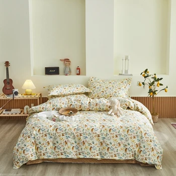 

4pcs Winter Bedding Set Animal Printed Bed Sheet Soft Flat Sheet Double Side Bed Cover Quilt Cover Queen Size Floral Duvet Cover
