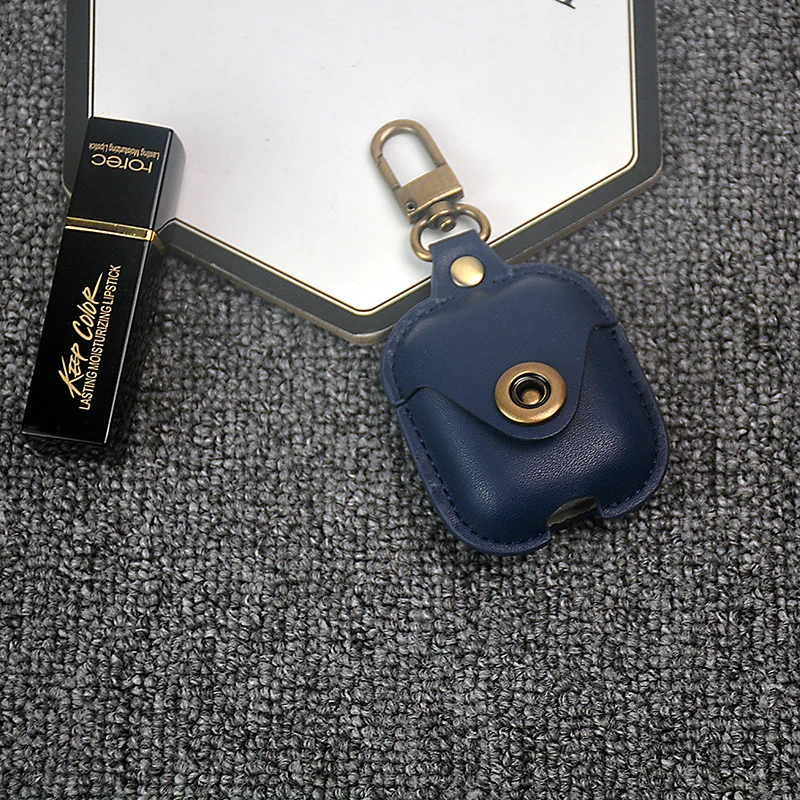 Роскошный CowhideLeather чехол для Apple AirPods кожаный чехол с кнопками кожаный защитный чехол для AirPods 2 анти-потеря - Color: Dark blue