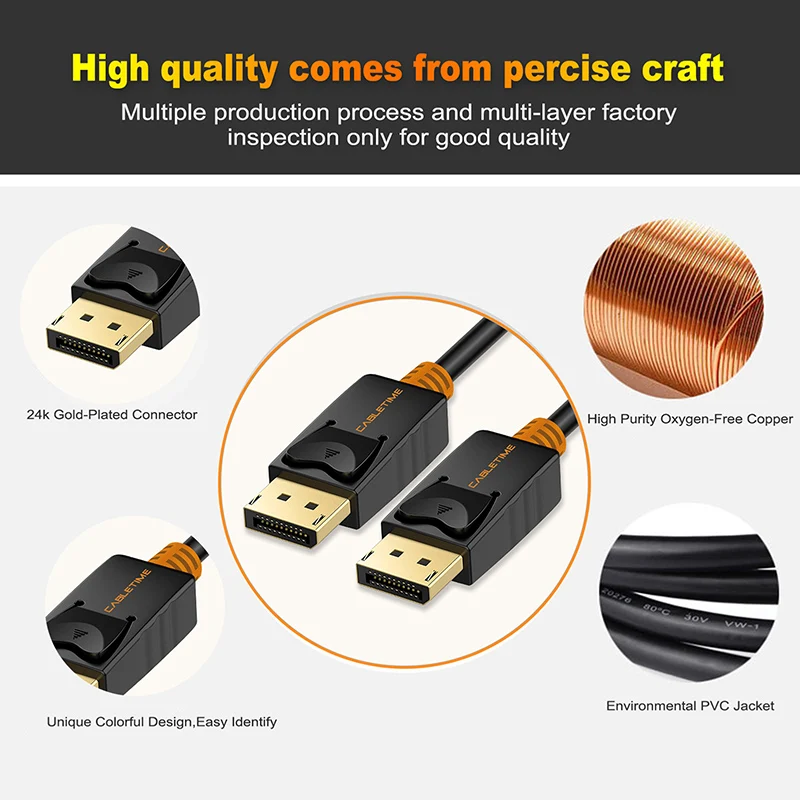 CABLETIME 2019 DisplayPort Cable 1M Male to DP 1.2 Cable DP Vedio Audio 4k 60hz Display port Cable 2M for HDTV Projector PC C071