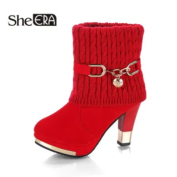 

2019 New Red High Thin Heels Boots Women Winter Cotton Boots Warm Shoes Woman Slip On Pumps Mujer Booten