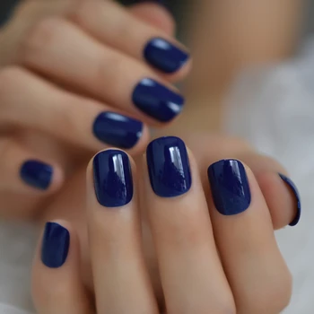 

Squoval Short Rounded Fake Nails Dark Blue Shiny UV Gel Pure Color Classic Nail Tips Acrylic Press On Nails