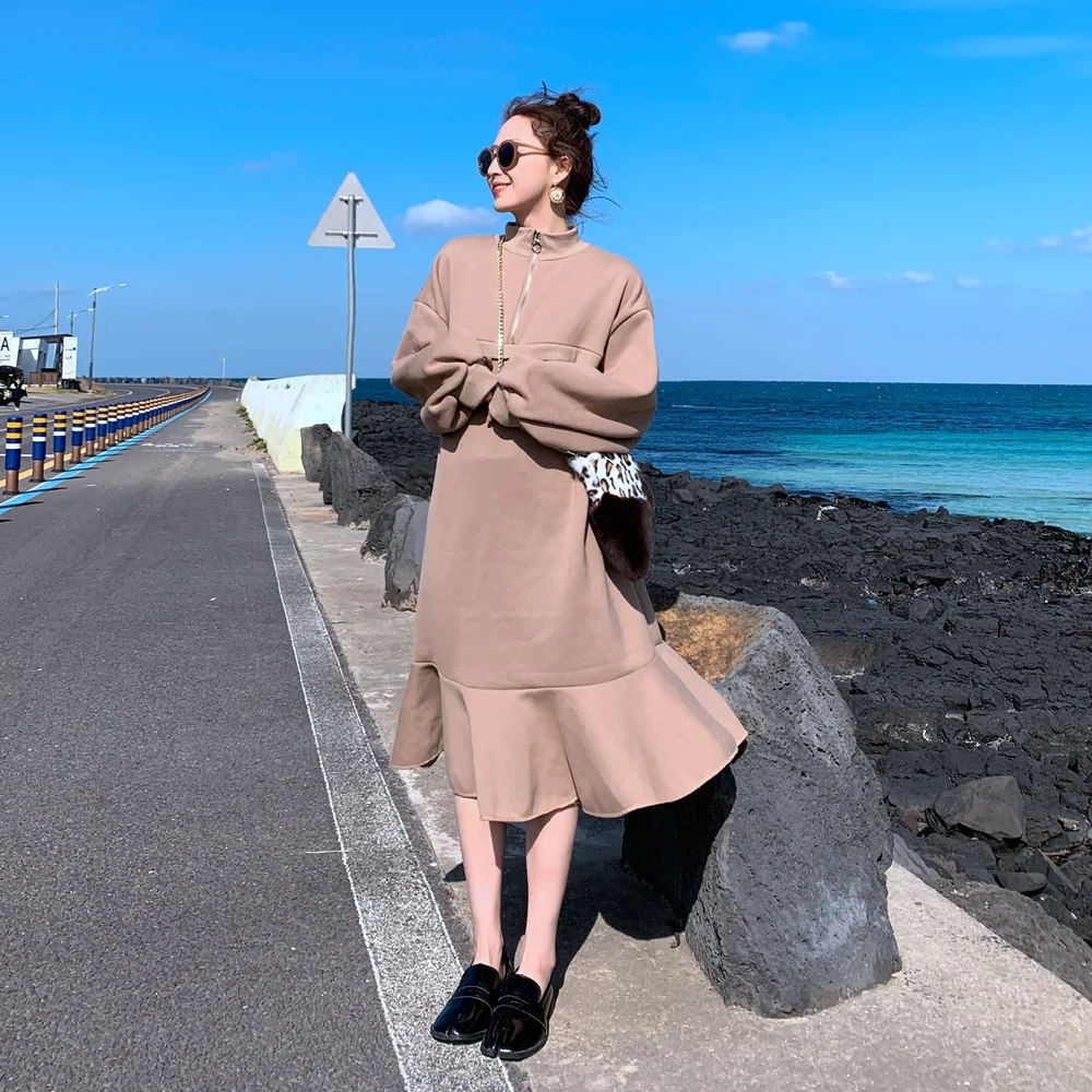 

Photo Shoot Fishtail Skirt Hoodie Dress 2020 Spring New Style WOMEN'S Dress Retro Laziness-Style Loose-Fit Long Pullover Dress